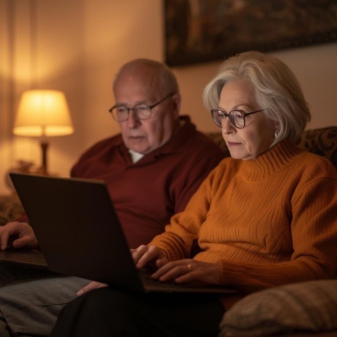 Pareja de adultos mayores revisando en su laptop los requisitos para la devolución de aportes de pensión en Colombia.